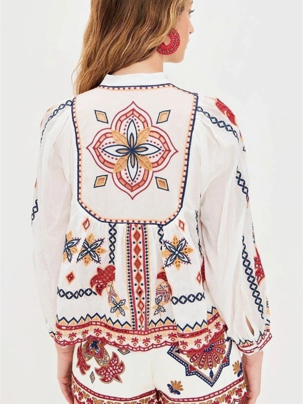 FARM Rio Off-White Palm Tree Embroidered Blouse White & Red - Picture 2 of 3